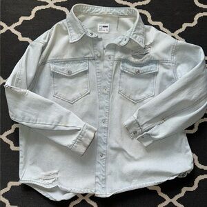 Light Wash Distressed Denim Shirt Jacket